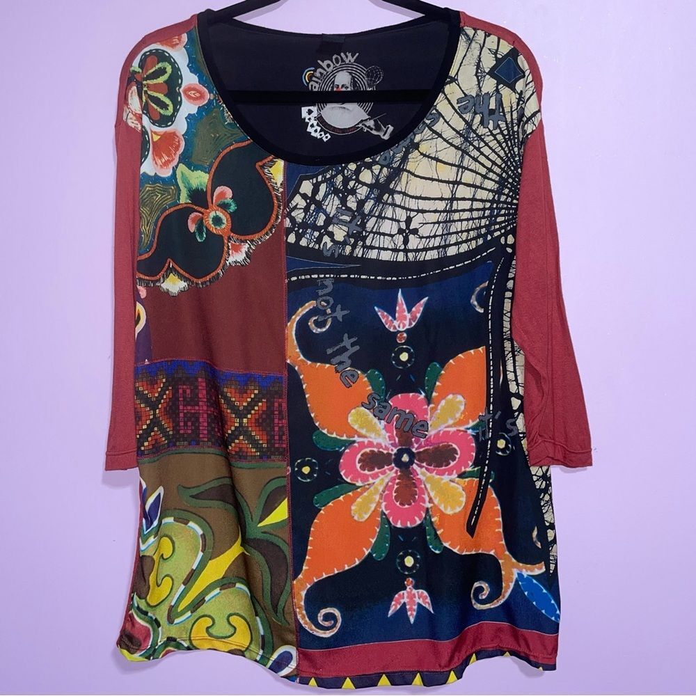 Desigual Rainbow Patchwork Print Blouse Women Size L Art To Wear Artsy Eclectic